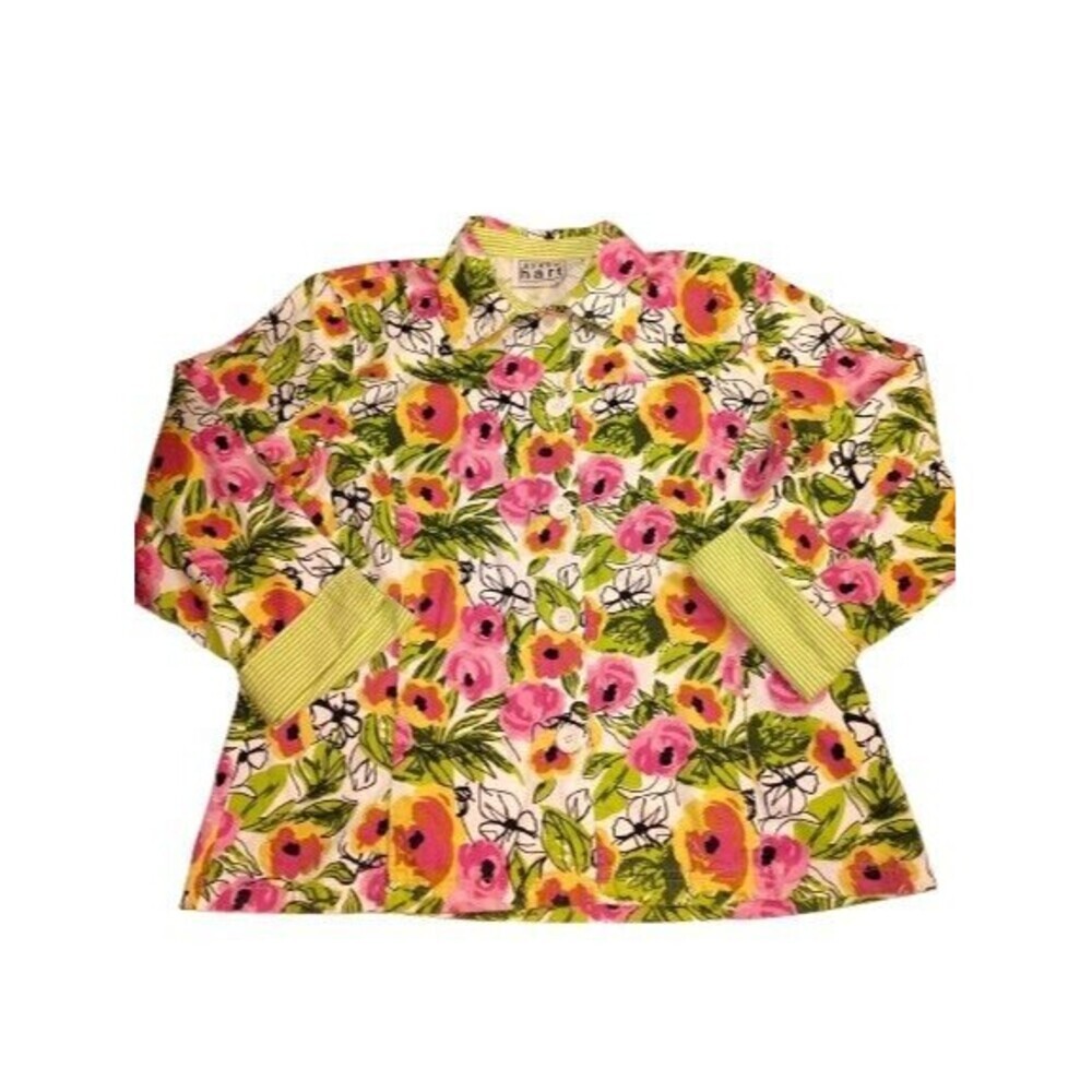 Keren Hart Floral Shacket Shirt Jacket Pockets Size L (Est) Pink Green Stripe